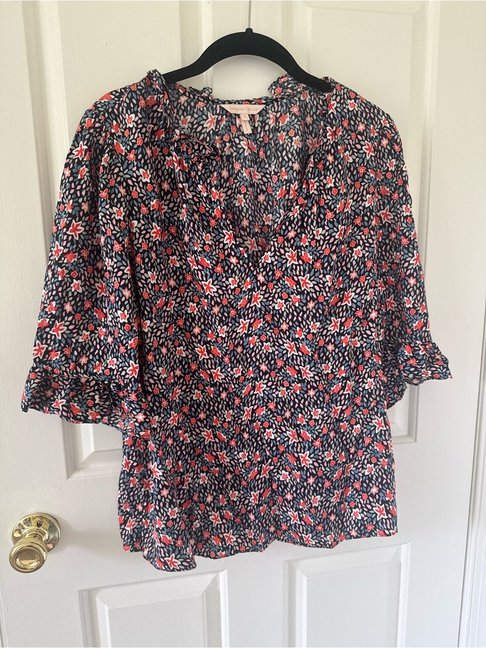 Rebecca Taylor Floral V-Neck Ruffle Sleeve Top - Navy with Pink & White Flowers